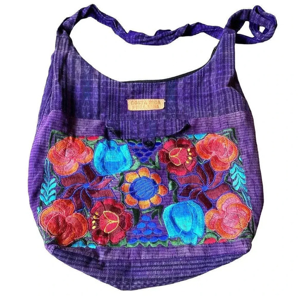 Costa Rica Pura Vida Boho Purple Floral Embroidery Fabric Crossbody Bag - Picture 1 of 6